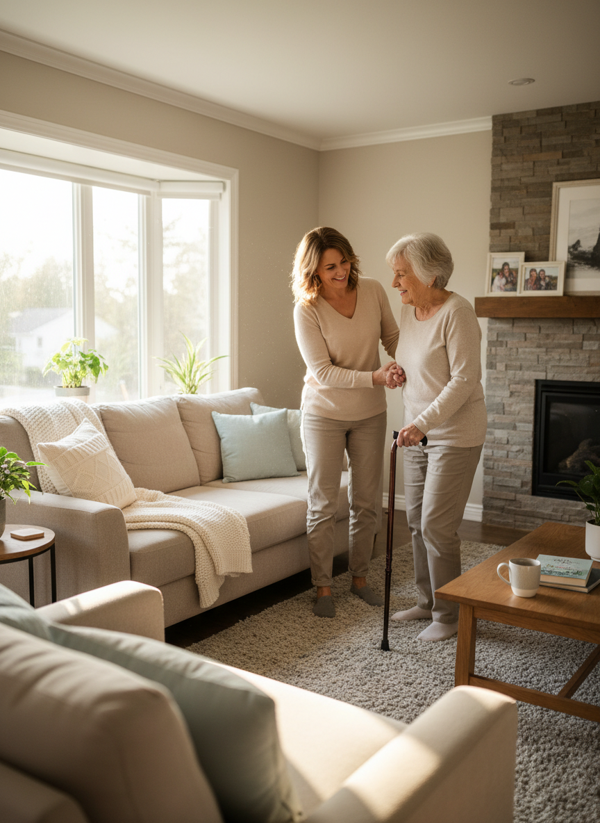Professional, warm lifestyle photo of an in-home caregiver helping an elderly person move safely inside their cozy living room in Saint-Eustache, natural daylight, modern but homely decor, reassuring atmosphere, both people visible, no medical equipment, photographic realism