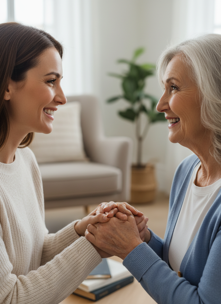 Professional, bright lifestyle photo showing a warm, trusting interaction between an in-home caregiver and an older adult: close-up of smiling faces and gently clasped hands, shot indoors with soft daylight, modern cozy home setting, photographic realism