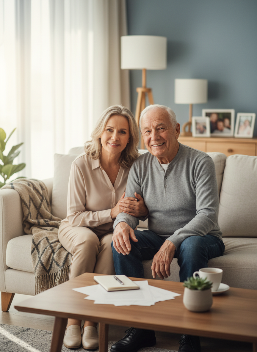 Professional, optimistic lifestyle photo of a relieved middle-aged daughter sitting close to her smiling elderly parent at home, subtle paperwork or notebook on the table, bright natural light, modern but warm interior, both looking reassured and at ease, photographic realism