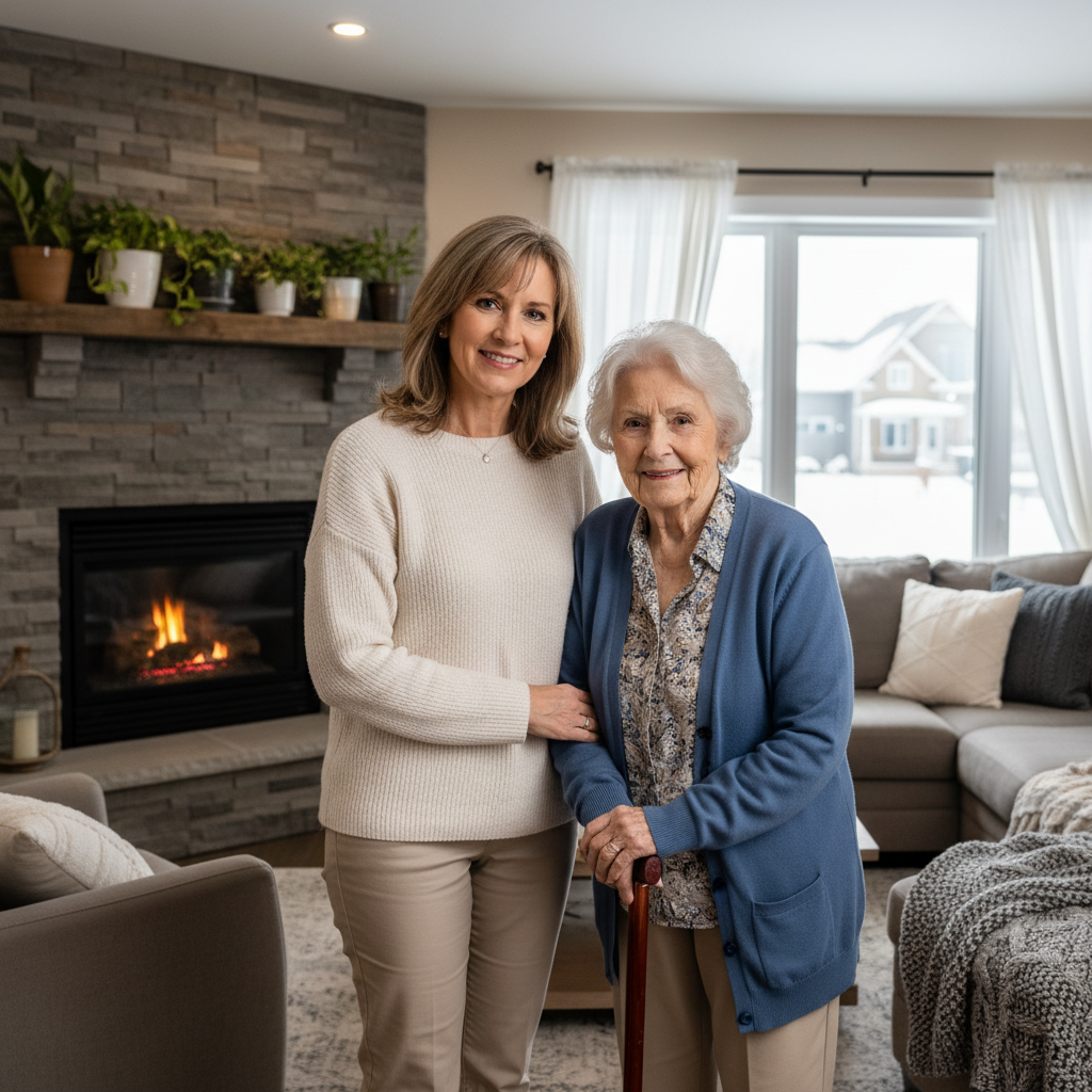 Square lifestyle portrait of a middle-aged woman in a cozy, bright home interior, smiling gently while supporting an elderly parent’s arm, professional, trustworthy in-home caregiver style, soft natural light, neutral colors, Quebec context, photographic realism