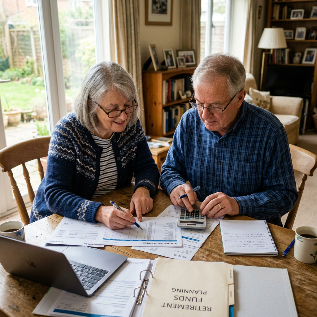 Elderly couple calculating finances with documents, calculator, and laptop