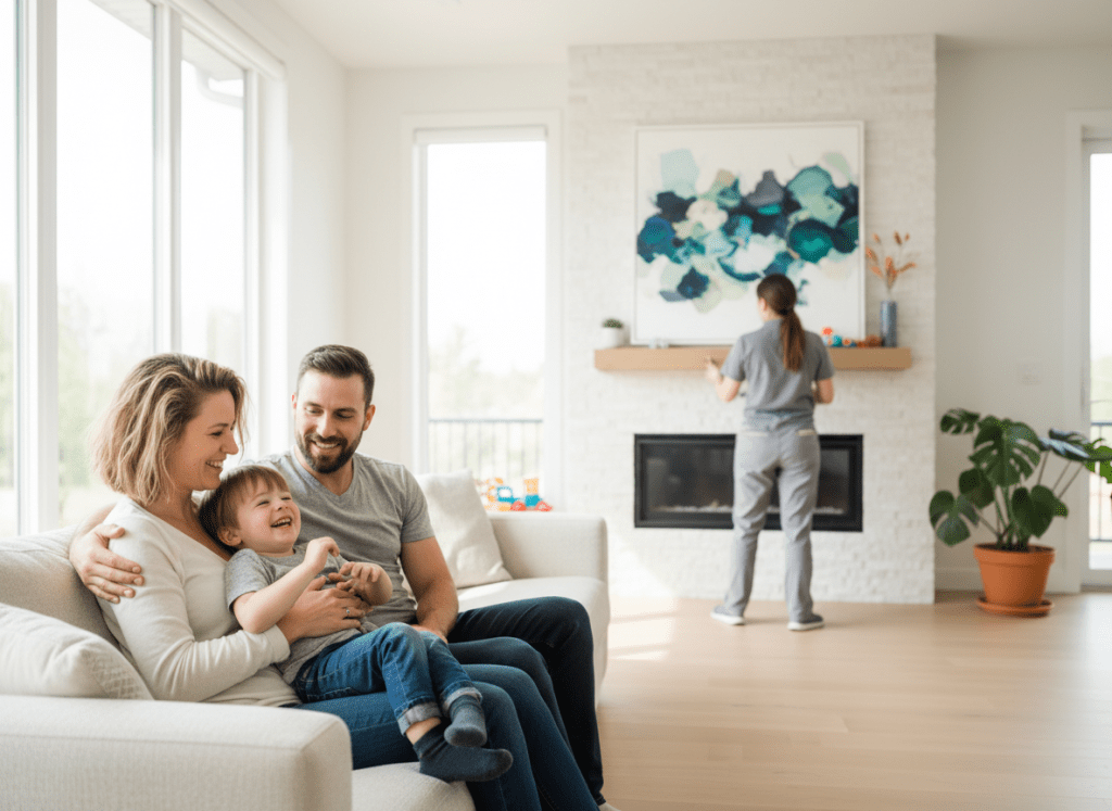 Photo-style image of a smiling family (two parents and a child) spending a calm moment together at home, with a discreet in-home helper in the background, suggesting support without being intrusive. Bright, modern, Quebec interior.