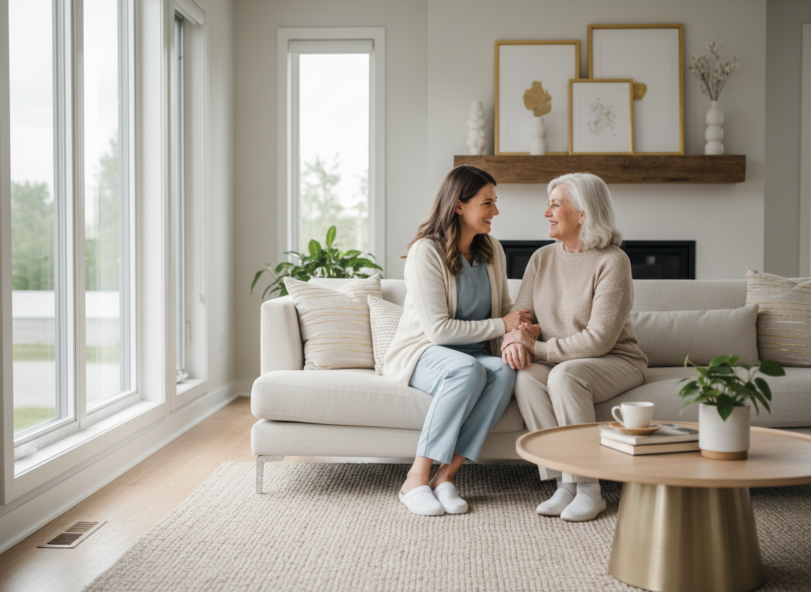 Bright, realistic in-home caregiving scene: a smiling professional female caregiver supporting and chatting with an elderly person in a warm, modern Quebec living room, soft natural daylight, neutral tones with subtle golden accents, horizontal composition, high-end photography style